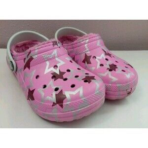 Crocs Kids' Classic Size C12 Pink Purple Silver Stars Fleece Lined Slip On